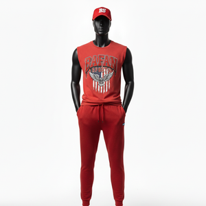 Conjunto de camiseta sin mangas y pantalón de felpa suave de algodón y poliéster de alta calidad, color rojo, con logotipo impreso, 2 piezas, para hombre. - Product Image 1