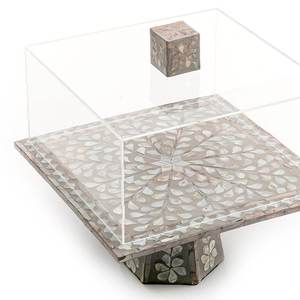 Support à gâteau artisanal ultime en nacre, socle en coquille grise à motifs étoilés avec couvercle transparent, parfait pour la présentation de desserts. - Product Image 1