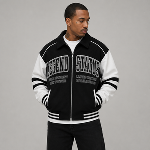 Chaqueta Varsity Legend Status para Hombre, Negra y Blanca con Mangas en Contraste, Cierre de Cremallera Frontal, Estampado de Letras, Estilo Casual para Otoño - Product Image 4
