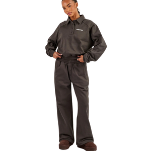 Conjunto de chándal de 2 piezas para mujer con cremallera completa, cuello vuelto, top con dobladillo fruncido, pantalones de pierna recta y cintura elástica - Product Image 1