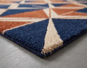 Tapis géométrique moderne en laine bleu marine, motif triangulaire entrelacé, tapis à motifs diamantés, accents linéaires ivoire, antidérapant, respectueux de l'environnement - Product Image 6