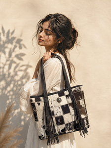 Western Style Cowhide Leather Tote Bag Handmade Checks Design Shoulder Bag Boho Fashion Fringe <b>Handbag</b> Bohemian Women's <b>Handbag</b> - Product Image 3