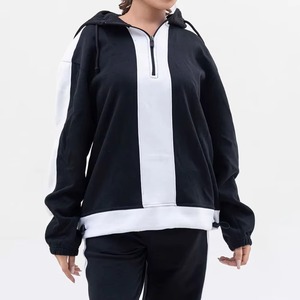 Conjunto Deportivo con Capucha para Mujer, Color Negro y Blanco, Bloques de Color, Manga Larga, Corte Holgado, Cierre Frontal con Cremallera, Ropa Casual de Otoño - Product Image 4