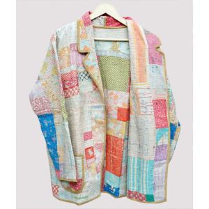 Chaqueta Larga de Invierno 100% Algodón, Estilo Kantha Indio, Acolchada, Reversible, con Cuello Mandarín, Parches Bordados Vintage - Product Image 3