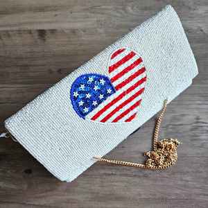 American Flag Beaded Clutch Bag <b>Red</b> Heart Sequin Purse Women Crossbody Chain Handbag 4th July Party Evening <b>Wallet</b> Striped Pouch - Product Image 3