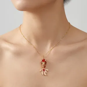 สร้อยคอจี้แฟชั่นสำหรับผู้หญิงเคลือบสีแดง CZ รูปทรงปลาทำมือ ทอง 18k ชุบทองเหลือง รุ่นคลาสสิค ดีไซน์สวยงาม - Product Image 2
