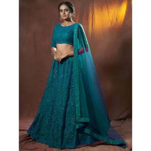 Teal Green Sequins Net Party Wear Lehenga Choli with Dupatta for <b>Wedding</b> - Product Image 5