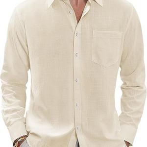 Chemisier Homme Vintage 2026 à Manches Longues en Coton et Lin, Respirant, Tricoté, Teint Uni, Personnalisable, Décontracté pour Printemps/Automne - Product Image 2