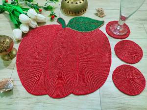Handmade Beaded Apple Placemat With Coasters Red Fabric Novelty <b>Table</b> <b>Mat</b> Custom Shape Decorative Set - Product Image 4