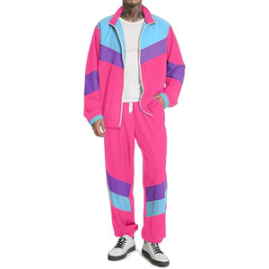 Men's Pink Color Blocking Tracksuit Full Sleeve Zipper Sporty Jogging Set Turn-<b>down</b> Collar Polyester Material Spring Wear - Product Image 1
