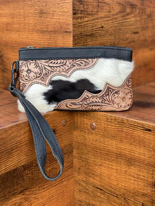 Cartera de cuero hecha a mano para mujer, cartera con cremallera de cuero genuino occidental, bolso de mano Floral pintado a mano - Product Image 2