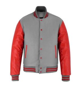Veste varsity en cuir gris et rouge pour homme, col rabattu, fermeture boutonnée, style décontracté pour l'automne - Product Image 4