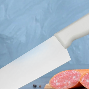 Couteau de boucher à manche blanc avec lame longue et pointue argentée pour trancher la viande, la préparation des aliments, la découpe des saucisses et la cuisson - Product Image 4
