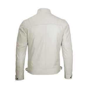 Blouson moto en cuir PU blanc pour homme, col montant, fermeture éclair, coupe ajustée, manches classiques, couleur unie, idéal pour l'automne - Product Image 5