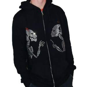 Sudadera con Capucha Negra para Hombre, Diseño de Calaveras con Pedrería, Cierre de Cremallera, Estilo Gótico, Corte Regular, Ropa de Otoño - Product Image 6