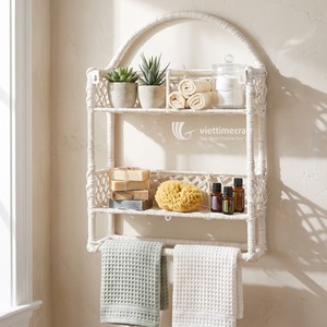 White Rattan Woven Rectangle Wall <b>Shelf</b> <b>Storage</b> <b>Basket</b> 2-Tier Hanging Bathroom Organizer Rack - Product Image 5