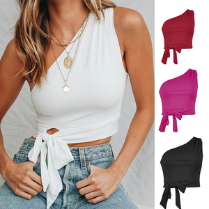 Haut court asymétrique en tricot pour femme avec nœud papillon, couleur unie, sans manches - Product Image 1