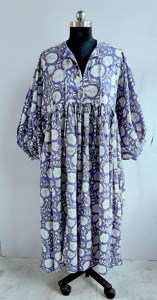 Bohemian Purple <b>White</b> Floral Block Print Cotton Midi Dress With Puff Sleeve Loose Fit Tie Neck Summer Dress For Women - Product Image 6