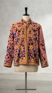 Blazer Grueso de Terciopelo Suzani Bordado Color Durazno, Cuello Mao, Manga Larga, Estampado Floral, Forro de Algodón Cortavientos, para Mujer - Product Image 2