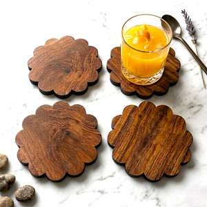 Handmade Natural Wooden Coaster Set of 4, Rustic Scalloped Edge Drink Coasters, Solid Wood Tea Coffee <b>Cup</b> <b>Mat</b> Kitchen Decor Gift - Product Image 1