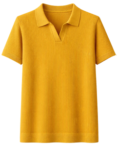 เสื้อโปโลผู้ชายสีเหลืองมัสตาร์ด แขนสั้น ผ้าถักลายริบ ทรงเข้ารูป สไตล์ลำลองสำหรับฤดูร้อน รับผลิตตามแบบ OEM พร้อมสกรีนโลโก้ ขายส่ง - Product Image 1