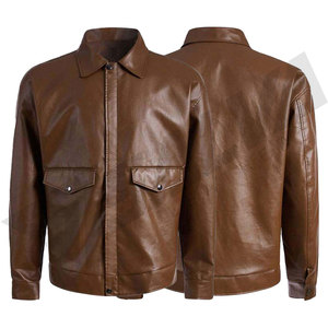 Men's Brown Genuine Leather <b>Jacket</b> Turn-down Collar Zipper Closure Chest Pockets Casual Autumn Style - Product Image 2