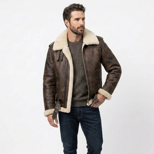 Men's Genuine Leather Aviator <b>Jacket</b> With Faux Fur Lining Windproof <b>Winter</b> Moto Biker Style Regular Fit Zipper Closure - Product Image 2