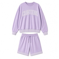 Ensemble short 2 pièces vert pour femme, sweat-shirt col rond avec patchs vintage, 100% coton, tenue décontractée toutes saisons