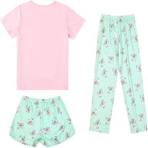 ชุดนอนเด็กแบบ unisex 3 ชิ้น ลายพิมพ์ คอกลม เสื้อยืดสีชมพู กางเกงขายาว/ขาสั้นสีม่วง ผ้าฝ้ายผสมสแปนเด็กซ์ ระบายอากาศได้ดี ป้องกันแบคทีเรีย - Product Image 6