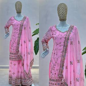 Elegante conjunto de kurti y sharara de georgette sintético con bordado zari y lentejuelas, traje étnico festivo para mujer. - Product Image 6