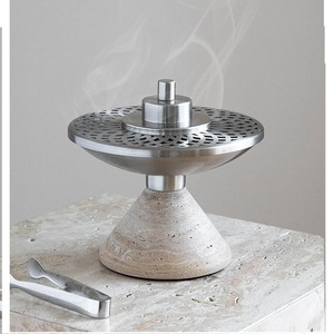 Luxury Natural Travertine Stone Base Incense Burner Brushed Silver Radial <b>Mesh</b> Cover Bakhoor Holder with Tongs - Product Image 1