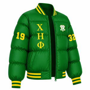 Veste matelassée personnalisée Chi Eta Phi Sorority avec logo brodé sur le devant, couleur verte et jaune, manches longues, pour femme - Product Image 4