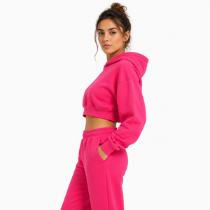 Women Hooded Printed 100% Cotton <b>Pink</b> Cropped Long Sleeve Solid Color Knitted Quick Dry Winter Casual <b>Sweatshirt</b> - Product Image 5