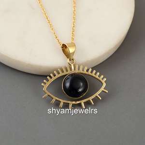 Pendentif Œil protecteur en obsidienne noire naturelle et eau douce, plaqué or 14 carats, fait main, style bohème, avec breloque cils, collier, cadeau, vente en gros - Product Image 1