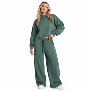 Garment OEM Women’s Black Quarter Zip <b>Cropped</b> Sweatshirt Tracksuit Custom GSM Fleece Wide Leg <b>Joggers</b> Set Activewear Bulk Supply - Product Image 5