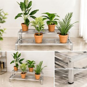 Support à fleurs moderne en acier inoxydable chromé à deux niveaux pour plantes d'intérieur à usage domestique - Product Image 2