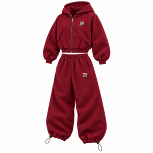 OEM Custom Unisex <b>Burgundy</b> Cropped Zip <b>Hoodie</b> Tracksuit Oversized Wide Leg Fleece Streetwear Set - Product Image 4