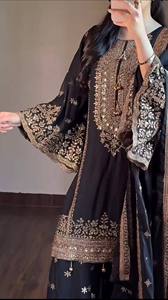 Conjunto indio-pakistaní negro bordado para mujer, kurta larga hasta el suelo, palazzo, dupatta, atuendo de fiesta - Product Image 5