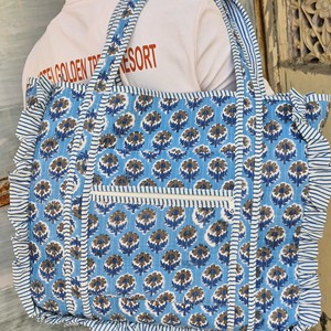 Sac fourre-tout en tissu à motif floral bleu, grande taille, fermeture éclair, poignée longue, sac de shopping, usage quotidien - Product Image 6