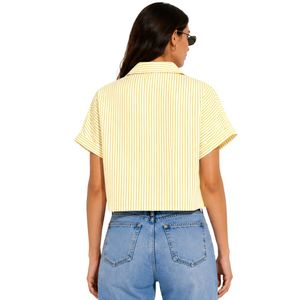Camisa corta a rayas amarillas y blancas personalizada para mujer, con logotipo bordado personalizado, manga corta, con botones, blusa informal de verano, OEM - Product Image 2