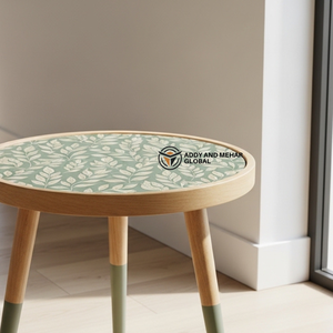 Green Floral Meena Design Wooden <b>Stool</b> – Handcrafted <b>Round</b> Decorative Accent <b>Stool</b> - Product Image 2