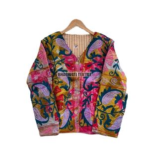 Veste matelassée unisexe XL Kantha Suzani brodé à la main en coton à bords bruts manteau d'hiver respirant pour fête automne - Product Image 1