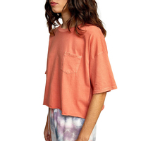 Camiseta Corta de Mujer, Color Coral, Cuello Redondo, Manga Corta, Color Sólido, con Bolsillo, Corte Holgado, Informal, Primavera Verano, 100% Algodón