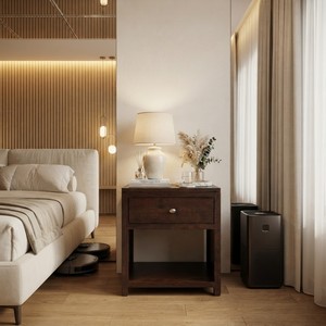 Brown Wood Smart Nightstand with Drawer and Open Shelf Modern Design Vietnam Made Bedroom Furniture - Product Image 1