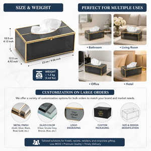 Luxury Smoked Glass Tissue <b>Box</b> Holder Gold Metal Frame Decorative Tissue Case for Home Office Hotel Bathroom <b>Vanity</b> Décor - Product Image 3