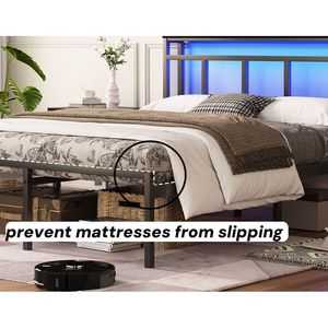 Base letto matrimoniale da 14 pollici con luce LED e USB-C, testiera in metallo nera con contenitore - Product Image 3