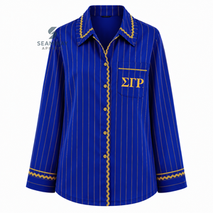Sigma Gamma Rho Women's Striped Pajama Set Button Front Long Sleeve Sleepwear Contrast Trim Lounge <b>PJs</b> With Drawstring Pants - Product Image 2