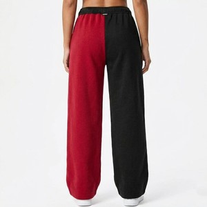 Pantalon de détente décontracté pour femme, coupe large, taille haute, confortable, avec cordon de serrage, color block rouge et noir - Product Image 2