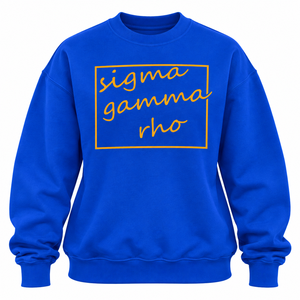 Sudadera de Cuello Redondo Azul Rey Sigma Gamma Rho con Letras Amarillas en Marco Cuadrado, Diseño de Manga Larga, Ropa de Hermandad Griega - Product Image 3