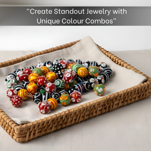 ลูกปัดแก้วทำมือหลากสีสไตล์อินเดียแบบหลอมด้วยมือ ขนาด 8 นิ้ว |   ลายจุดผสมผสานลายเส้นวน |   สร้อยคอและกำไลข้อมืองานฝีมือ DIY - Product Image 5